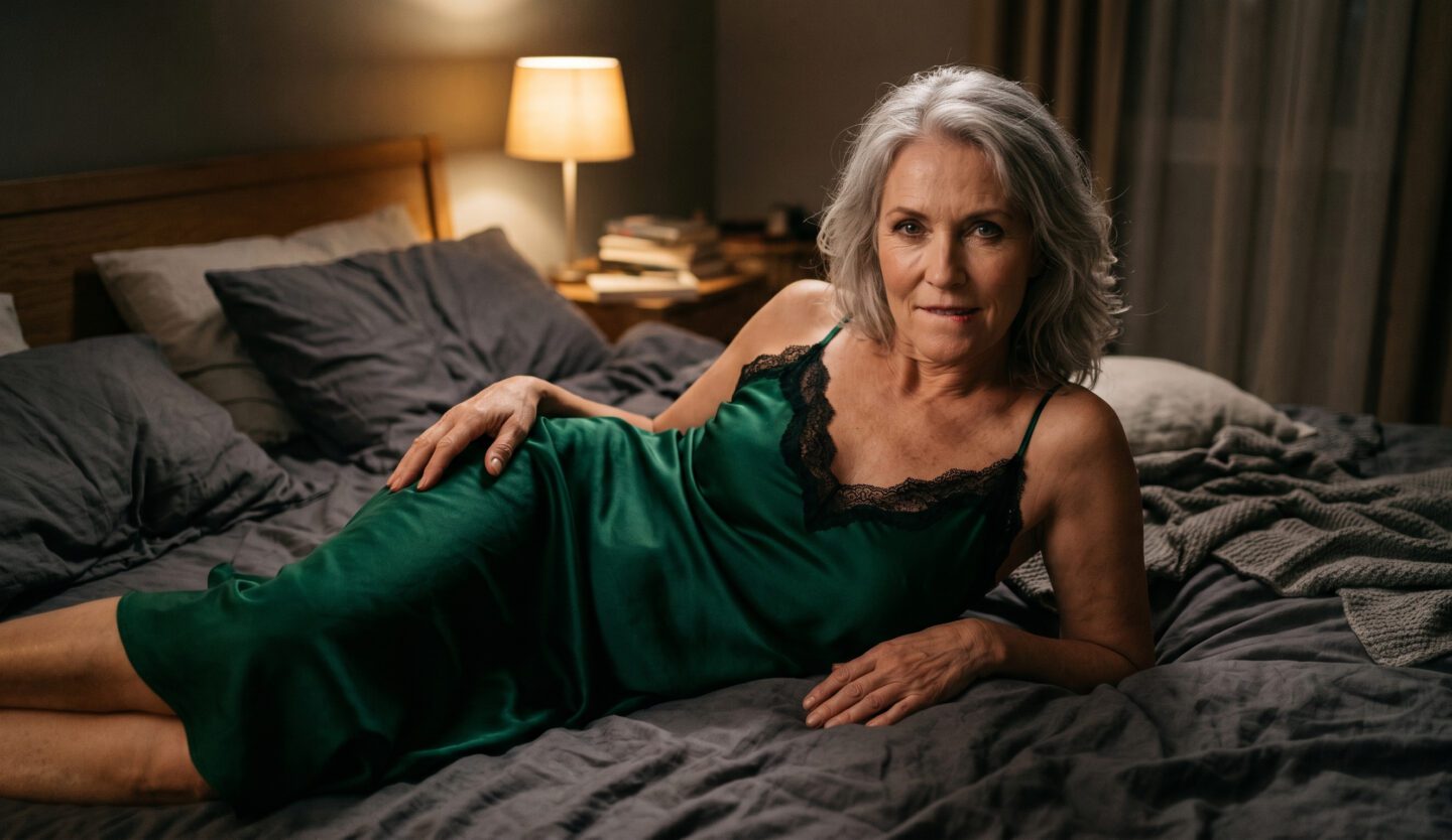 Mamie coquine et MILF française allongée sur son lit, prête pour une rencontre coquine