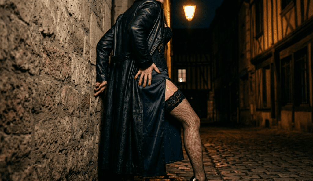 Femme mûre en long manteau de cuir et bas résille dans une ruelle pavée médiévale aux maisons à colombages la nuit — rencontre cougar à Dijon