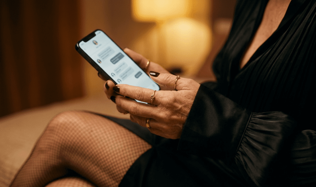 Mains d'une femme mûre tenant un smartphone ouvert sur une messagerie de rencontre