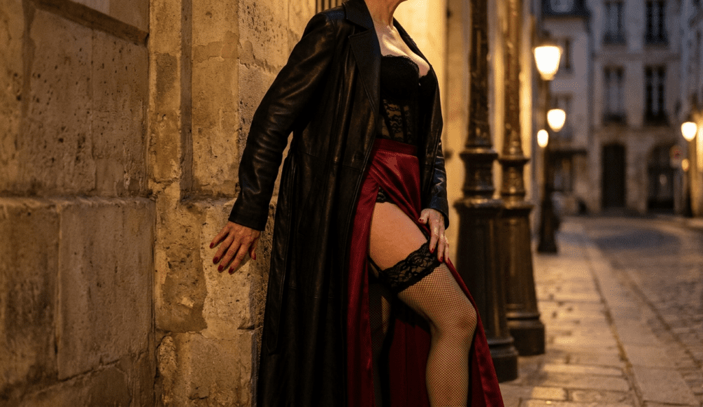 Rue d'une ville française la nuit, femme mûre élégante marchant au loin